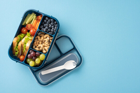 Open lunchbox with a healthy meal including a sandwich, fruits, and nuts organized in compartments. Healthy eating at school concept