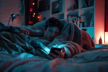 one addicted teenager at the phone using it late night in his bedroom under the blanket in his bed - social media and network addicted concept and lifestyle
