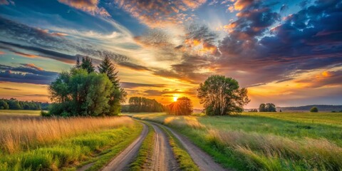 Golden Hour Countryside Road, Vibrant Sunset, Rolling Hills, Scenic Landscape, Country Road , Landscape ,  Nature , Sunset