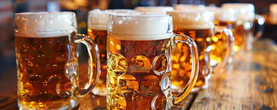 Row of mugs with cold fresh golden beer on wooden table on blurred background. Craft beer on glasses Oktoberfest, international beer day and St. Patrick's day celebration in a pub or bar. Copy space