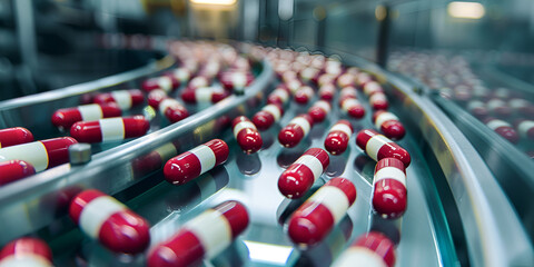 Obraz premium Streamlined Efficiency in Pharmaceutical Production: The Journey of Red and White Capsules on a High-Speed Manufacturing Line