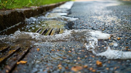 Fototapeta premium Heavy stormwater runoff on an asphalt road, water draining into the roadside gutters