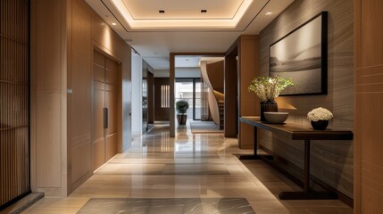 Fototapeta premium Contemporary entrance hallway with wooden tones and a chic furniture desk, creating a welcoming atmosphere.