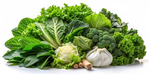 Green Salad Greens, Broccoli, Cabbage and Garlic, Food Photography, Fresh Produce, White Background, Salad Ingredients, Green Vegetables, Healthy Eating