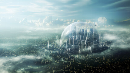 Obraz premium Futuristic city encased in a transparent dome, surrounded by clouds and light.