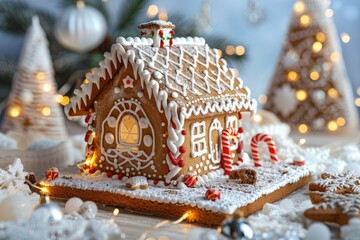 Enchanting Gingerbread House Amidst Sparkling Festive Decorations