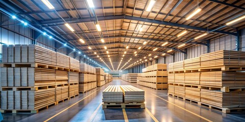 Luminous Warehouse with Pallets of Wooden Planks,Warehouse Interior , Wood Planks , Industrial Storage , Construction Materials