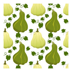 Seamless vector pattern, with white and green pumpkins, green leaves on a white background. Autumn print, textile, background, vector