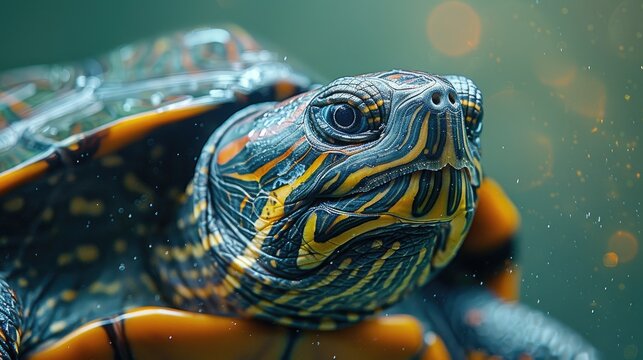 Close-up of a beautifully detailed turtle underwater. The intricate patterns on its shell and face are vividly captured.