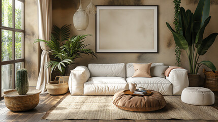 Warm and cozy composition of living room interior with mock up poster frame modular sofa, white armchair, stylish coffee table, plants, beige curtain and personal accessories. Home decor. Template. 