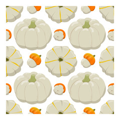 Vector autumn seamless pattern with large and small multi-colored pumpkins on a white background. Autumn print, textile, background, vector