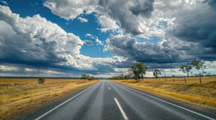 Naklejka premium Straight line of Matilda Highway under the vast cloudy skies in Queensland