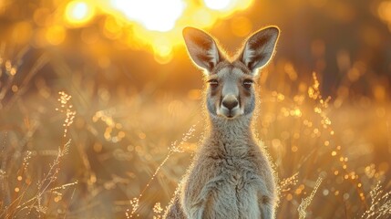 Fototapeta premium Kangaroo standing in a golden field during sunset, backlit by the warm glow of the setting sun, creating a tranquil and scenic wildlife moment.