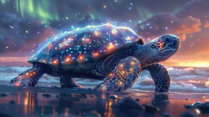 Magical turtle with glowing shell under Northern Lights on a tranquil beach, blending fantasy and nature in a stunning, colorful scene.