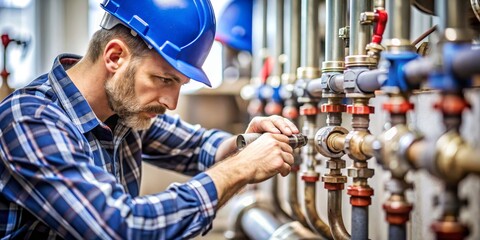 Plumber in Blue Hard Hat Repairs Piping, plumbing, pipe, industrial,  maintenance