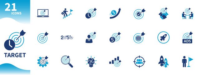 Business goal icon. Set of icons for goals, plans, success, growth, arrows, rockets,...