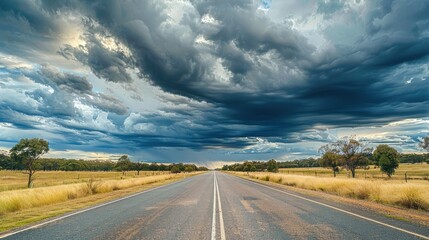 Obraz premium The unending straight path of Matilda Highway under dramatic clouds in Queensland