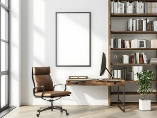 Minimalist Home Office with Clean Bookshelf and Frame Mockup,3D Rendering