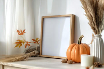 Cozy home interior, Wooden mockup poster frame with decorative clay vase with pampas grass against window near white wall	