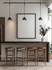 Minimalist Kitchen Interior with Island and Barstools in Modern 3D Rendering