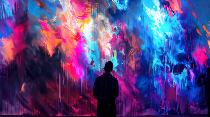 Fototapeta premium Man in plaid shirt observes an expansive, vibrant abstract painting on a large wall