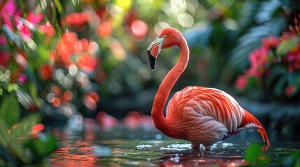 Fototapeta premium Vibrant flamingo standing gracefully in a lush tropical garden, surrounded by colorful flowers and greenery, reflecting in the water.