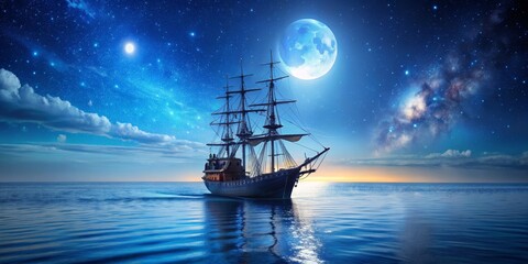 Fototapeta premium Sailing Under a Starry Sky, Full Moon and Clouds, Large Wooden Ship Sailing on Calm Ocean Water, Nighttime Seascape , starry night, moonlit sea, sailing ship