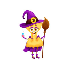 Cartoon halloween italian pasta wizard character. Isolated vector farfalle female macaroni personage with broom and mischievous grin on face cast spells and brew up magical potions for spooky holiday