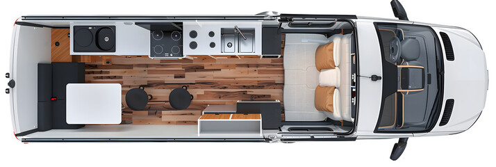 show s 2d floor plan layout for a sprinter van conversinos with white background