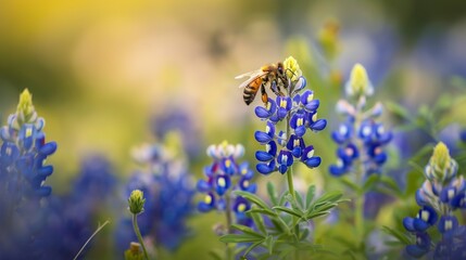 This macro photo captures a bee gathering nectar from blue flowers, highlighting the intricate details of both the bee and the blossoms, set against a vibrant background.