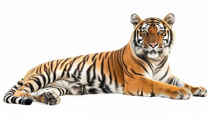 Naklejka premium A stunning image of a tiger in a relaxed, majestic pose on a clean white background, emphasizing the beauty and detail of its striped coat and powerful demeanor.