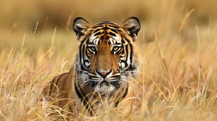A tranquil image of a tiger lying in golden grass, blending into its background with its perfect camouflage, reflecting the seamless harmony of wildlife and nature.