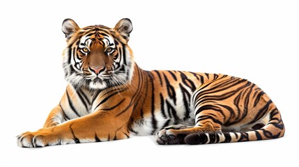 Obraz premium A striking image of a tiger gracefully lying on a white background, staring ahead with an intense gaze, showcasing its strong and impressive striped body and calm demeanor.