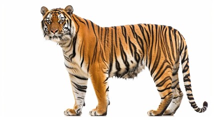 Naklejka premium A side view of a tiger in profile, capturing its strong, regal stance with clear, defined stripes and a commanding presence, highlighting the majestic beauty of this powerful predator.