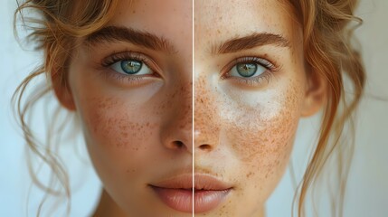 side-by-side comparison of a young woman's face showing natural and retouched skin. Perfect for beauty, skincare, and photo editing-themed projects.