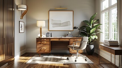 Chic and Inviting Mid Century Inspired Home Office with Warm Wood Tones Clean Lined Furniture and Stylish Brass Hardware Accents 