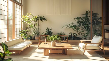 Fototapeta premium Cozy and Serene Minimalist Living Room with Wooden Furniture Indoor Plants and Abundant Natural Illumination Showcasing a Japanese Wabi Sabi Design Aesthetic