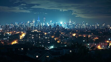 Obraz premium A brightly illuminated city skyline set against a starry night sky, offering a breathtaking view of a peaceful yet bustling urban area with towering skyscrapers shining beautifully.