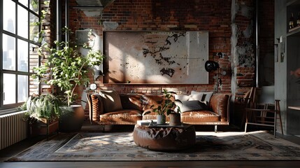 Cozy industrial chic living space featuring exposed brick walls a distressed leather sofa and a reclaimed wood coffee table creating a warm and inviting loft like atmosphere 