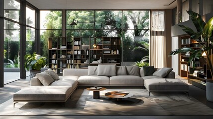 Fototapeta premium Elegant and Inviting Modern Living Space with Geometric Shelving and Natural Lighting A contemporary minimalist design with a warm earthy ambiance and serene calming atmosphere 