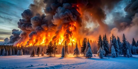 The Fiery Embrace of Winter,  fire, winter, forest, landscape