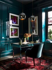 Sophisticated Art Deco Inspired Home Workspace with Sleek Lacquered Desk Geometric Pendant Lighting Mirrored Accents and a Curated Gallery Wall Featuring Abstract Prints
