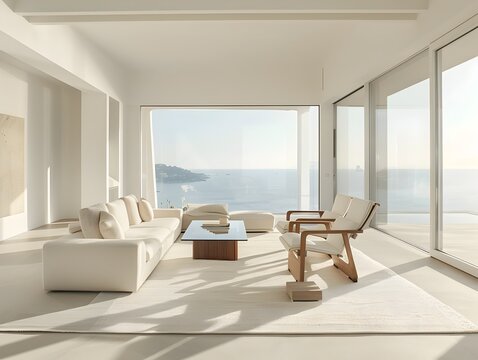 Sophisticated and Minimalist Living Area with Crisp White Walls Low Profile Armchairs Glass and Wood Coffee Table 
