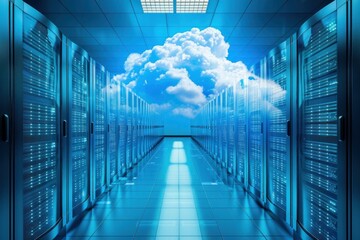 Cloud computing concept showing server room with digital cloud
