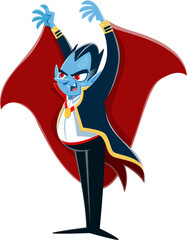 Cartoon Halloween Dracula vampire character. Isolated vector spooky, creepy bloodsucker personage with fangs, peaked ears in red cloak. Night gothic monster eager to suck your blood at holiday night