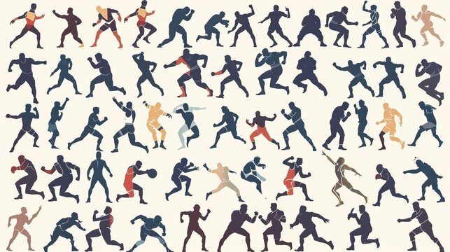 A set of dynamic silhouettes depicting boxers in various action-packed fighting poses, capturing the intensity and excitement of the sport in a stylized form.