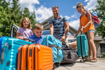 A joyful family of three prepares for a vacation, unloading their colorful luggage from a car. The father and two children, a girl and a boy, smile as they handle the suitcases on a sunny day.