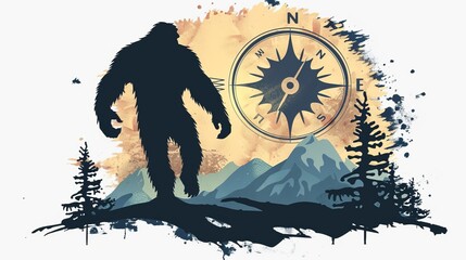 An image showing Bigfoot walking in the wilderness with mountains and a compass in the background, symbolizing the spirit of adventure and exploration.