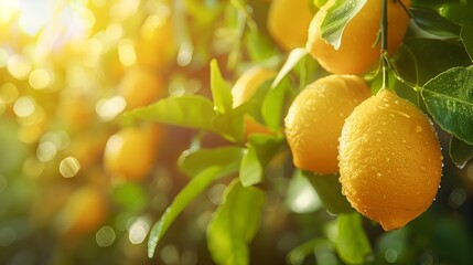 Golden Light Illuminates Fresh Lemons Hanging Among Orchard Leaves Creating A Bright Natural Outdoor Scene With Warm Citrus Harvest Mood