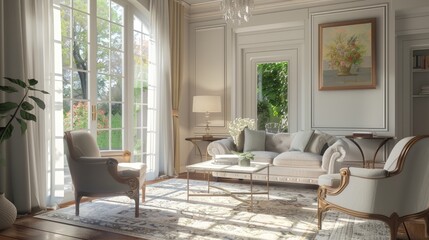 Contemporary French inspired living room with chic decor and cozy seating area